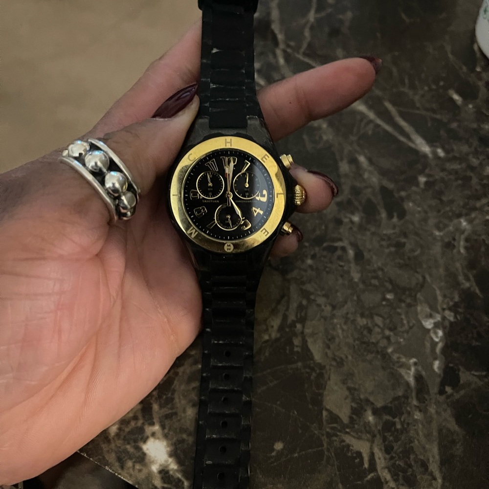 Michele Black and Gold Chronograph Silicone Strap Watch